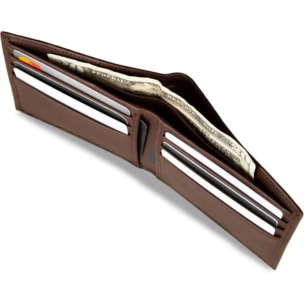Men's Logo - Brown Bifold Leather Wallet RFID Blocking ID Window Card Slots